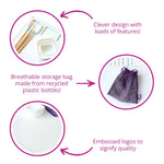 Product packaging with features highlighted, including a breathable storage bag made from recycled plastic bottles and embossed logos to signify quality.