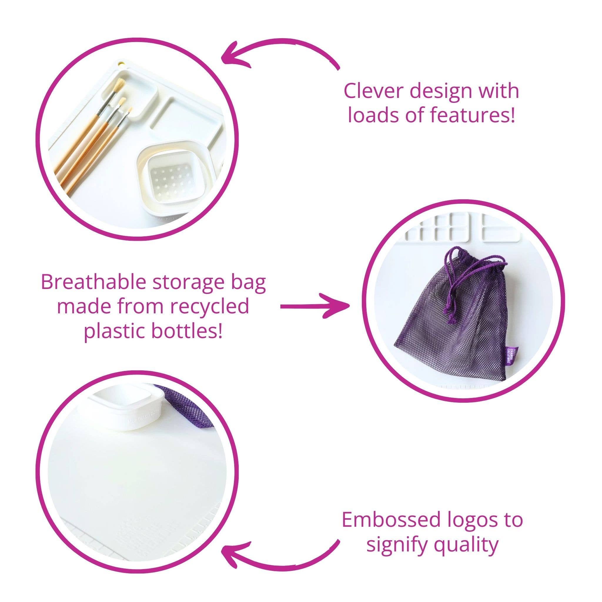 Product packaging with features highlighted, including a breathable storage bag made from recycled plastic bottles and embossed logos to signify quality.