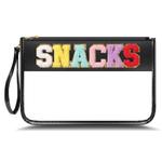 Black pouch with colorful 'SNACKS' text on a white background