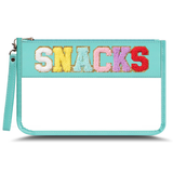 Turquoise pouch with colorful 'SNACKS' text on a white background