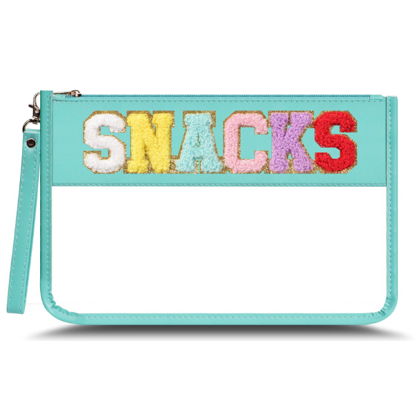 Turquoise pouch with colorful 'SNACKS' text on a white background