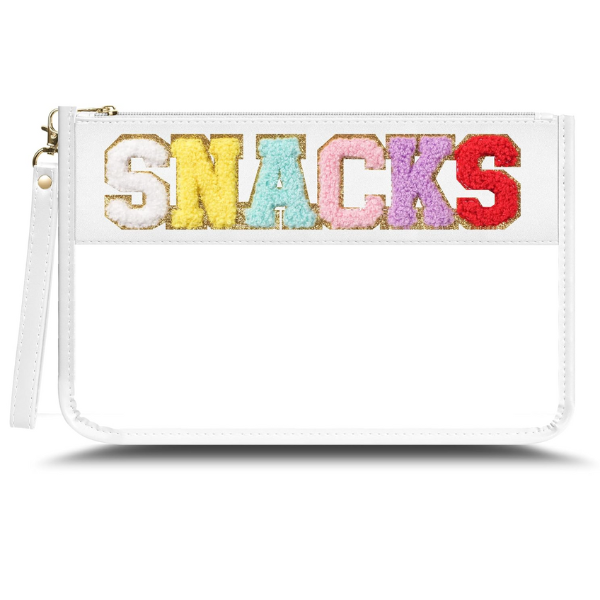 White pouch with colorful 'SNACKS' text on a white background