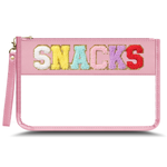 Pink pouch with colorful 'SNACKS' text on a white background
