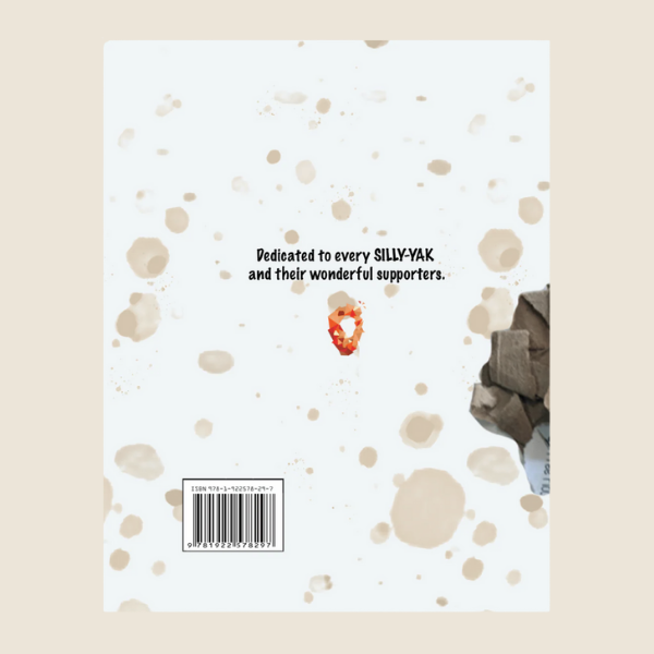 Back cover of a Silly-Yak book with a barcode, text, and illustrations on a beige background