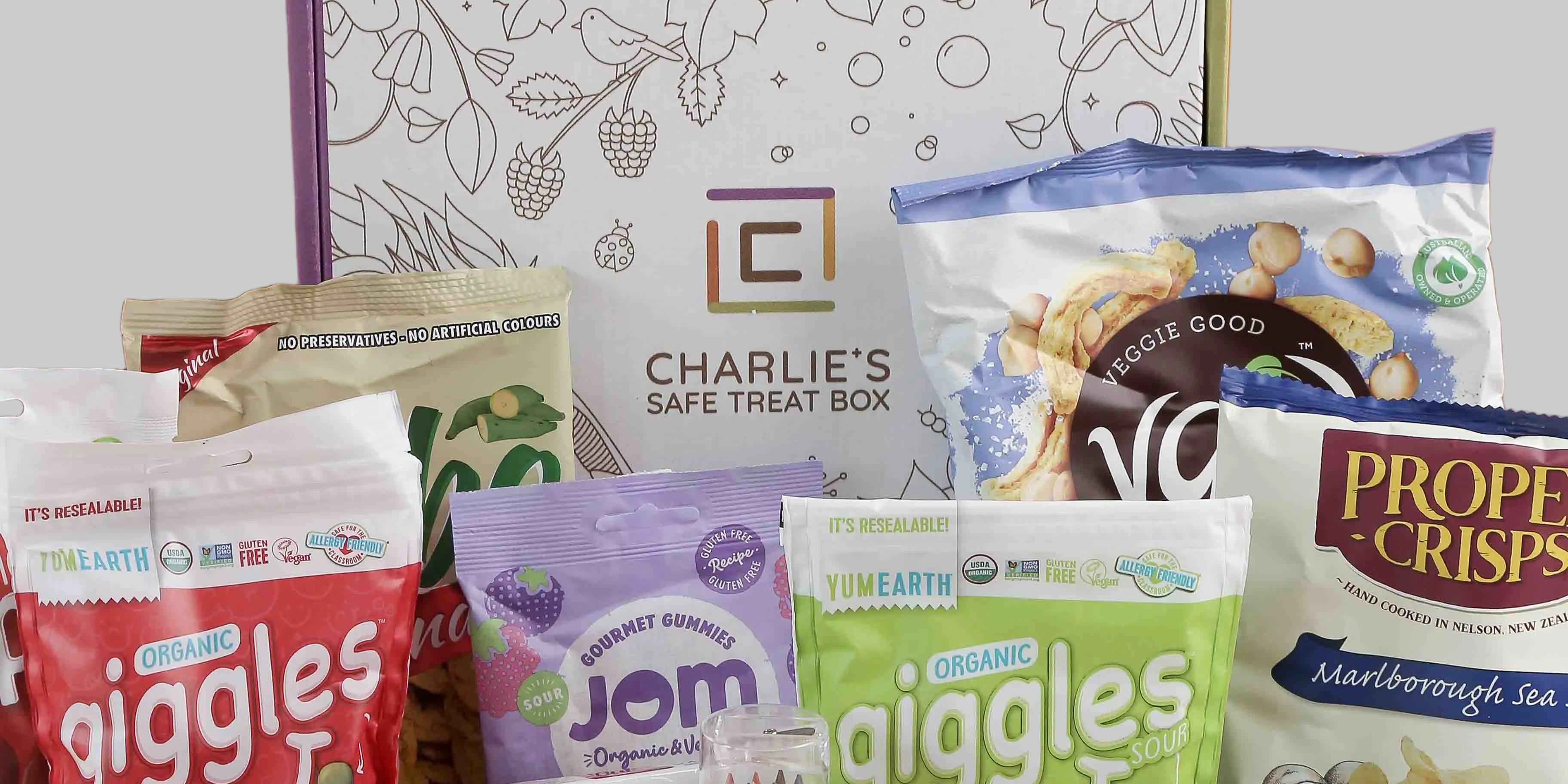 Collection of best-selling allergy-friendly snacks and a branded box 
