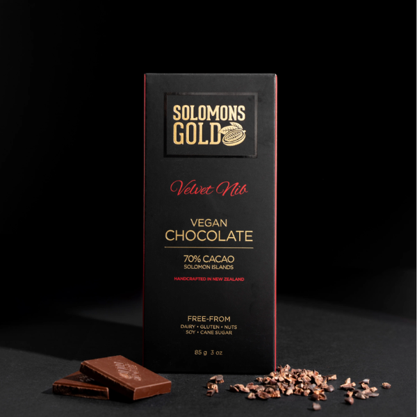 Solomons Gold Vegan Chocolate bar Velvet Nibs packaging on a dark background