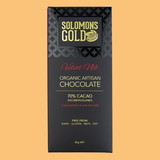 Solomons Gold Velvet Nib 70percent cacao organic artisan chocolate bar packaging on a beige background