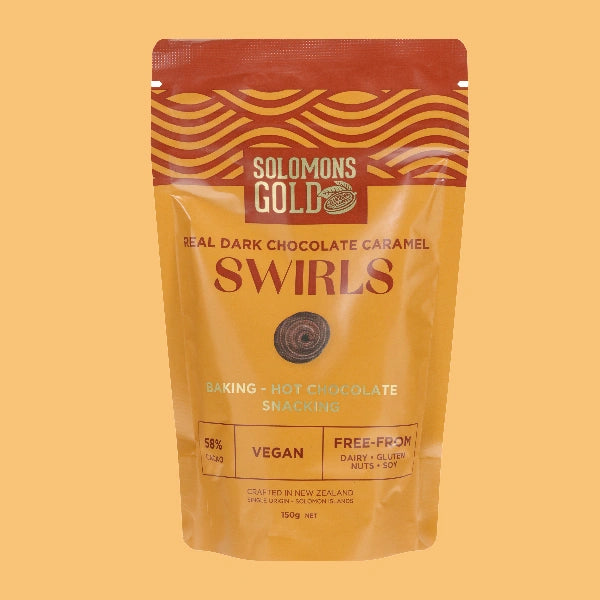 Solomons gold dark chocolate swirls caramel 58 percent cacao 150g