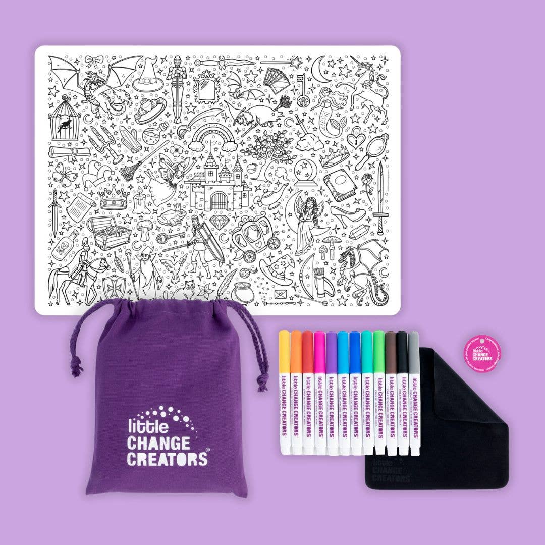 Coloring set with a mat, markers, and a pouch on a purple background