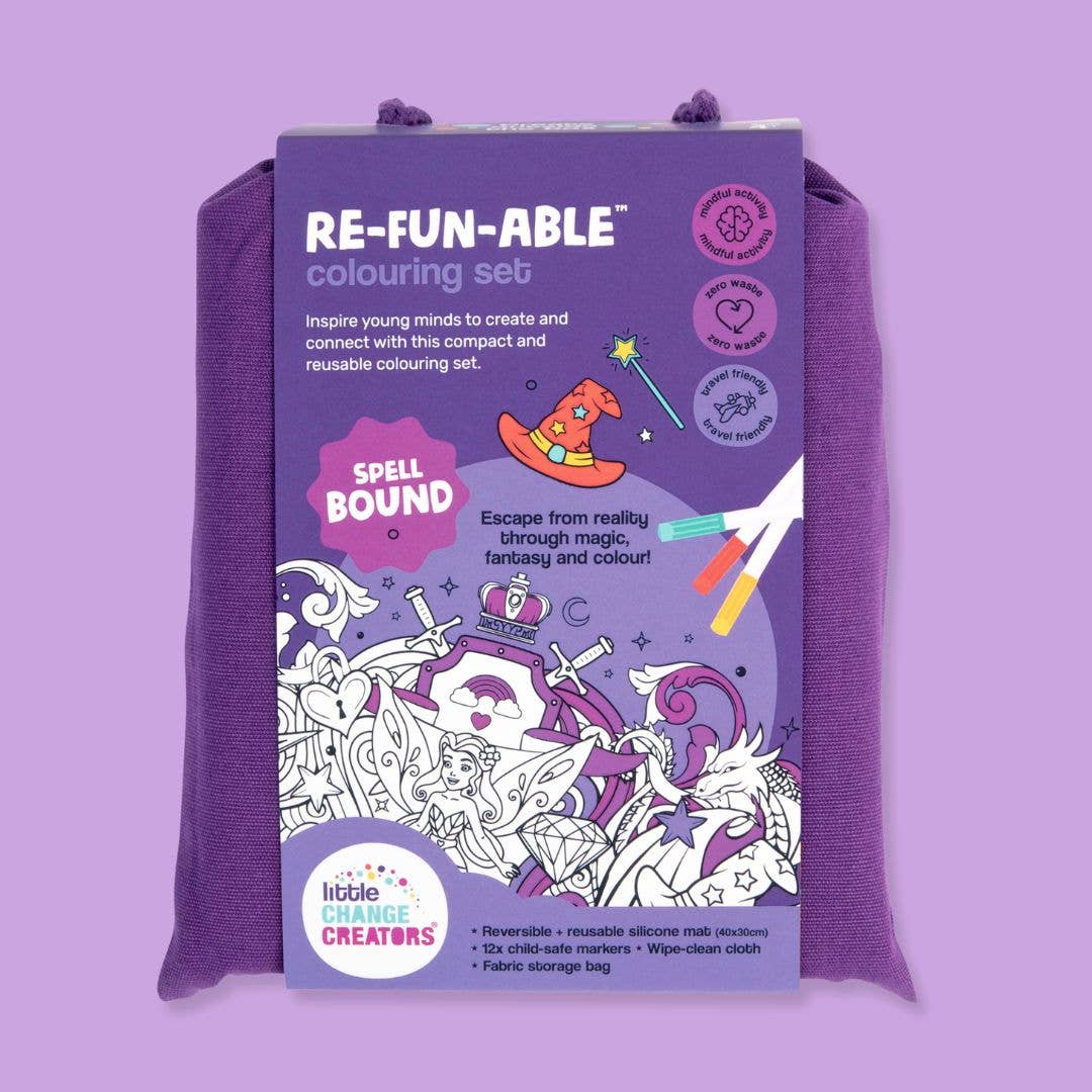 Purple 'Re-Fun-Able' colouring set packaging on a purple background