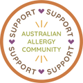 Circular logo for Australian Allergy Community with 'Support' text and heart symbols.