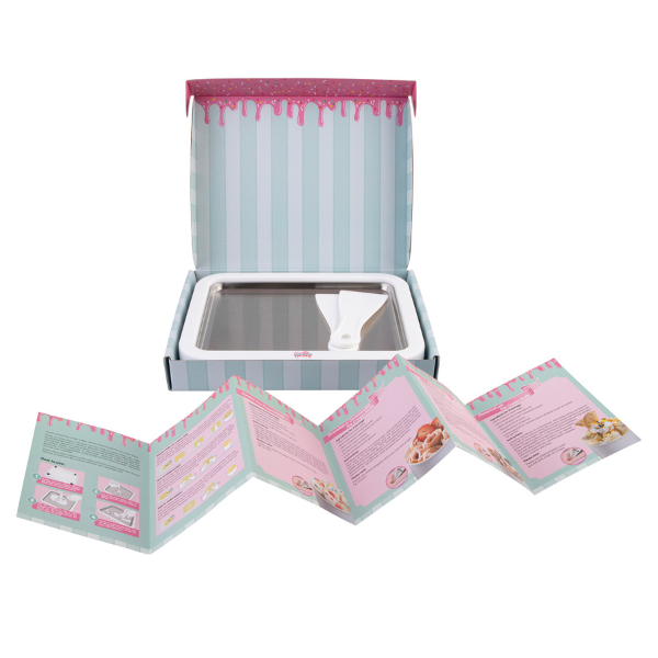 Unboxed toy kitchen set with a pan, tray, and recipe cards on a white background