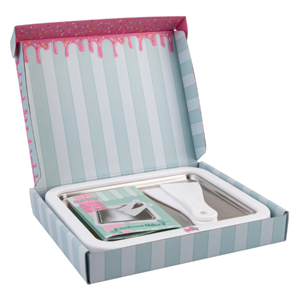 Open box with striped design containing a small kitchen tool and packaging on a white background