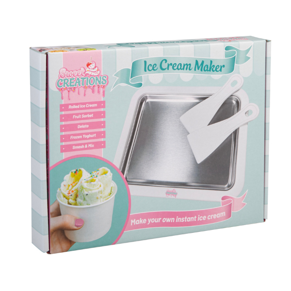 Ice cream maker packaging with a metal pan and scooper on a white background