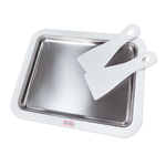 Stainless steel baking pan with white spatula on a white background