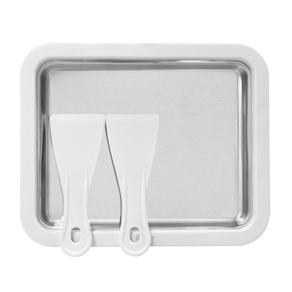Stainless steel tray with two white spatulas on a white background