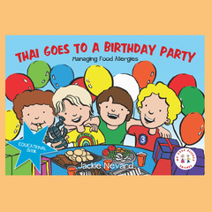 Book cover of 'Thai Goes to a Birthday Party' with children at a party and balloons.