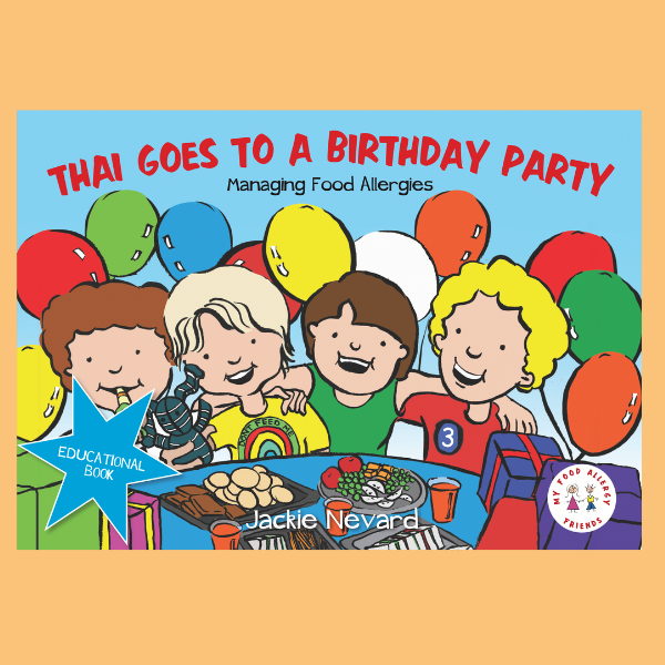 Book cover of 'Thai Goes to a Birthday Party' with children at a party and balloons.