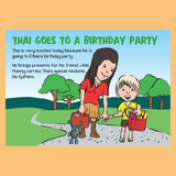 Cartoon illustration of a allergy mum and allergy child with text about attending a birthday party with epipen on a peach background