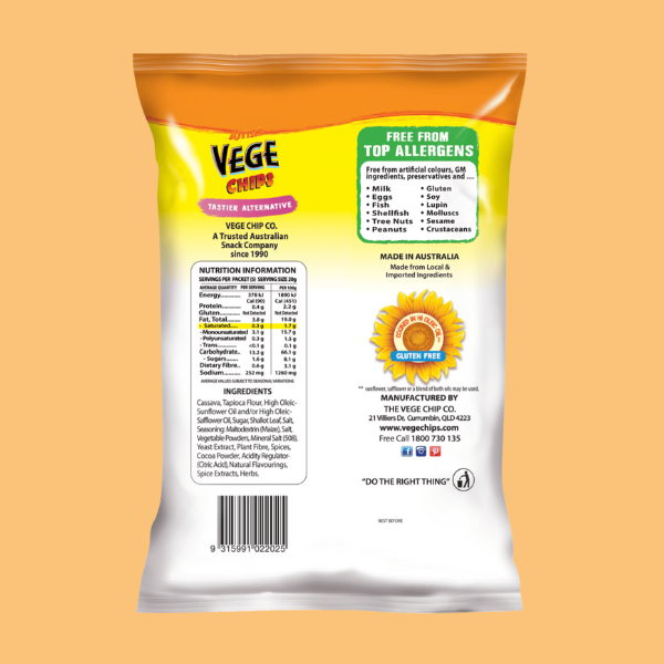 Vege Chips BBQ 100g Back Package Nutritional Panel and Ingredients