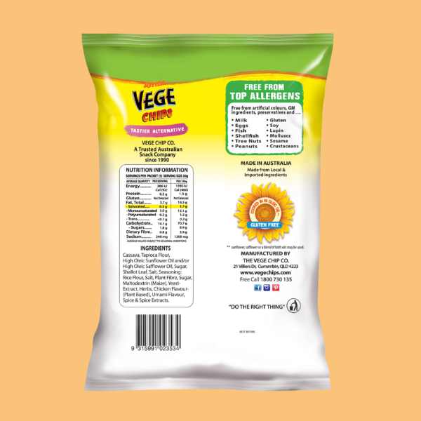 Vege Chips packaging with nutritional information on a yellow background