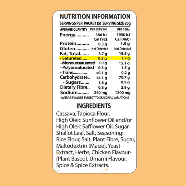 Vege Chips Chicken Nutrition information label on a beige background