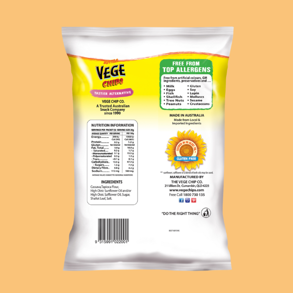 Vege Chips Natural Flavour packaging with nutritional information on a peach background