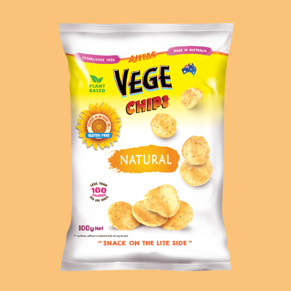 Vege Chips Natural Flavour packaging on a peach background