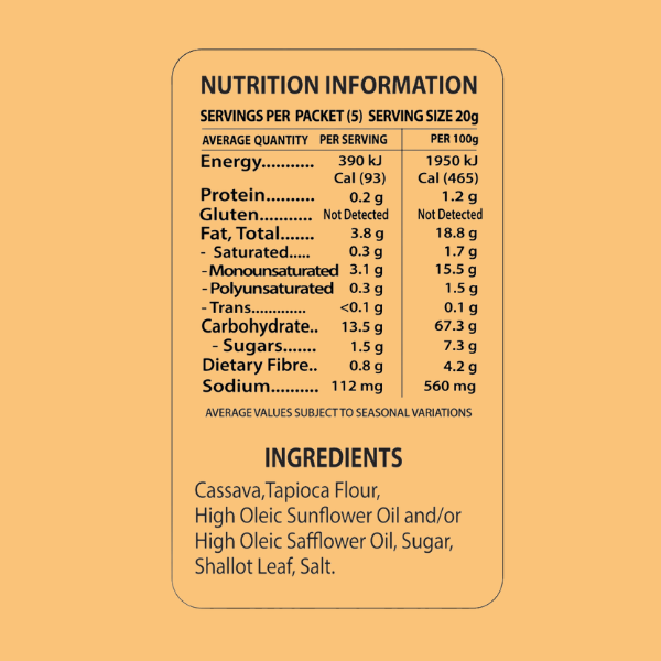 Vege Chips Natural Flavour Nutrition information label on a yellow background