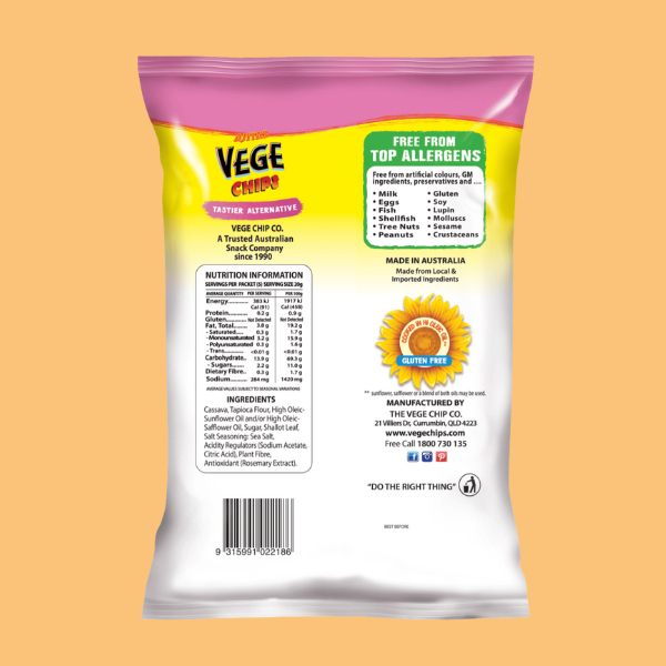 Vege Chips Sea Salt Vinegar packaging with nutritional information on a peach background