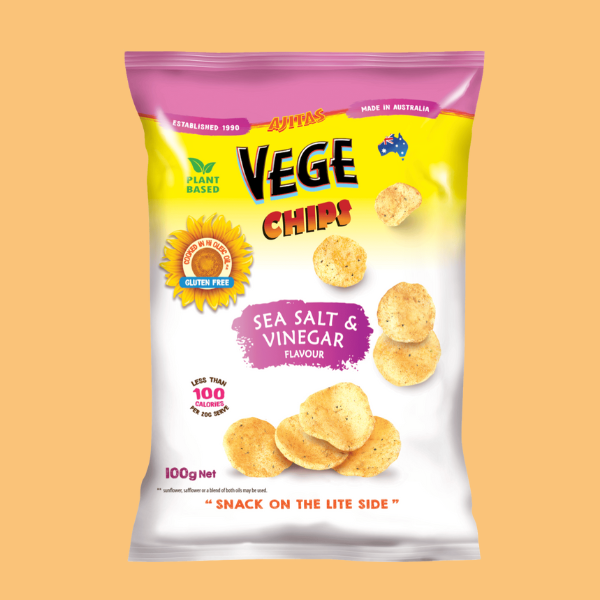 Vege Chips Sea Salt Vinegar 100g Front Package on Orange background
