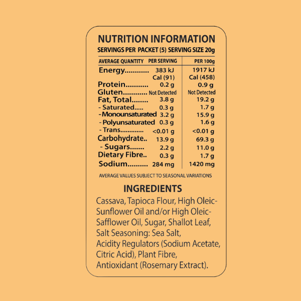 Vege Chips Sea Salt Vinegar 100g Nutirional Information Panel