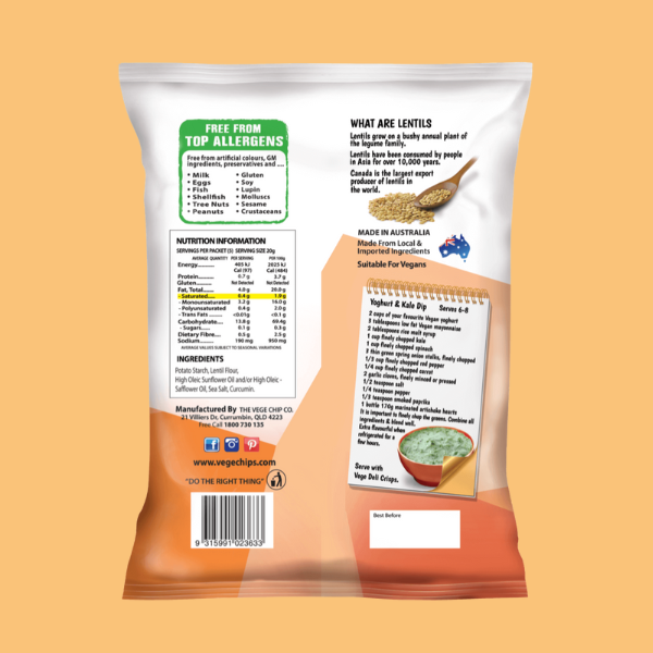 Back view of a veggie chip packaging with nutritional information and ingredients on an orange background