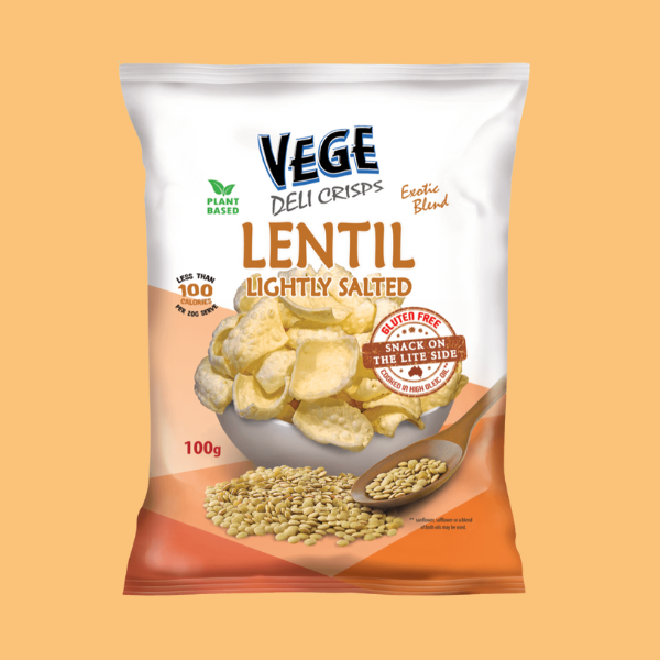 Vege Deli Crisps Lentil Lightly Salted packaging on a peach background