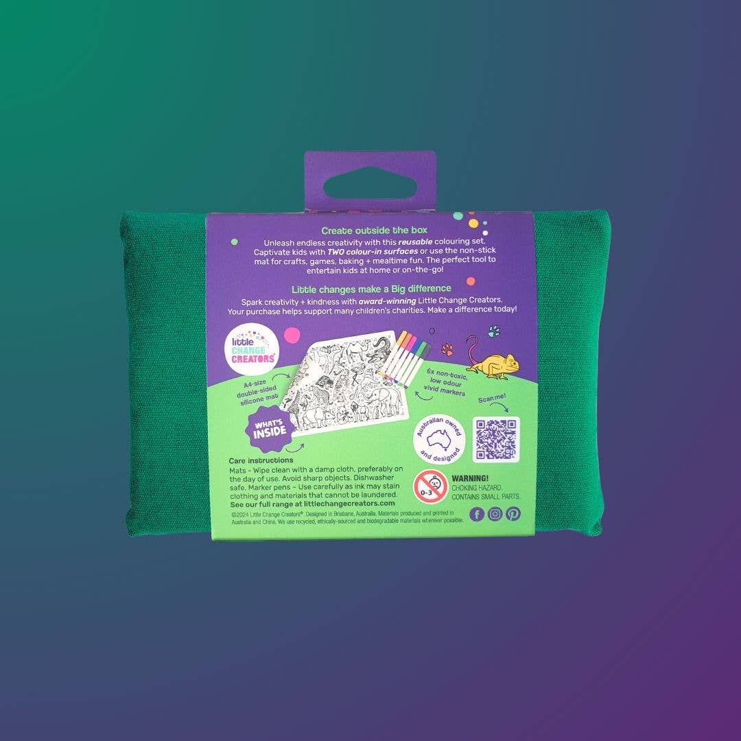 Green fabric with a purple and green label on a gradient background