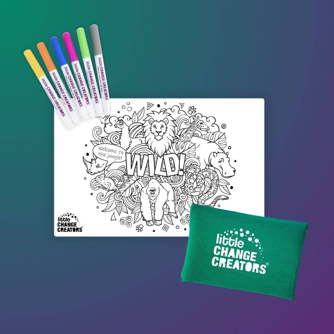 Coloring book with animal illustrations and markers on a gradient background, featuring 'little CHANGE CREATORS' branding.