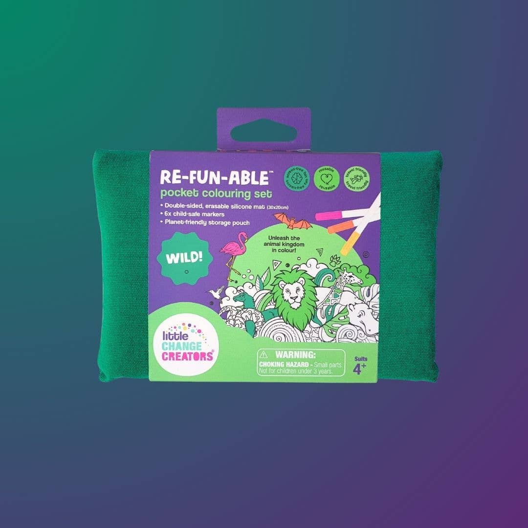 Green and purple Re-Fun-Able pocket colouring set packaging on a gradient background