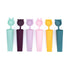 Set of colorful silicone cups with animal-shaped handles on a white background