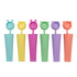 Six colorful silicone ice pop molds in pastel shades of blue, yellow, pink, green, purple, and orange, arranged in a row on a white background.