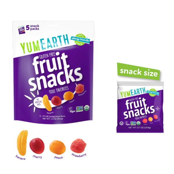 YumEarth fruit snack packages with colorful fruit illustrations on a white background
