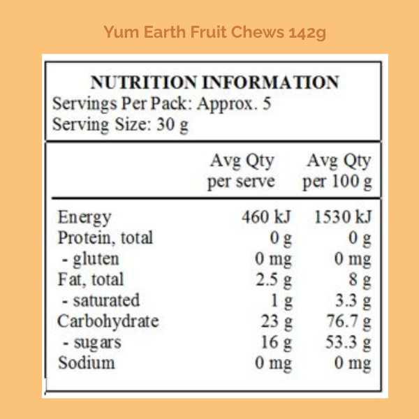 Yum Earth Organic Fruit Chews 142g Nutrition Information Panel