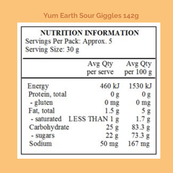 Yum Earth Organic Giggles Sour 142g Nutrition Information Panel