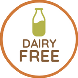 Dairy free logo with a bottle icon and text inside an orange circle.