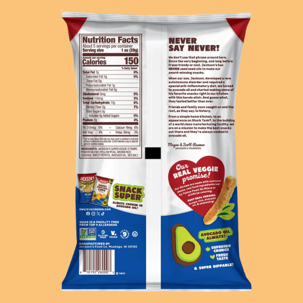 Back view of a jacksons avocado oil sea salt veggie straws snack package with nutritional information and branding on an orange background