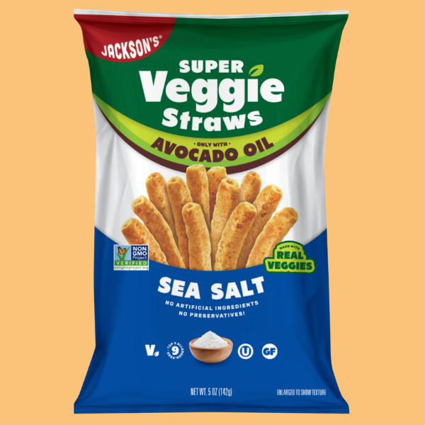 Packaging of Jackson's Super Veggie Straws with avocado oil and sea salt on a beige background
