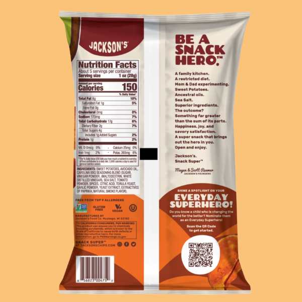 Jackson's Avocado Oil Sweet Potato Chips Carolina BBQ flavour snack packaging with nutritional information and branding on an orange background