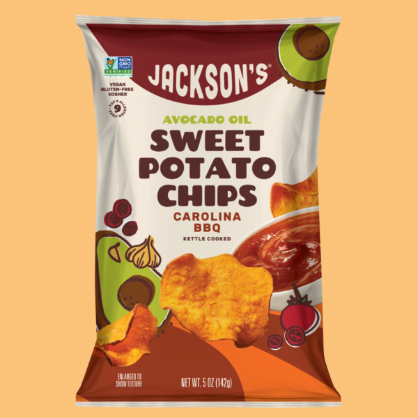 Front Packaging of Jackson's Avocado Oil Sweet Potato Chips Carolina BBQ flavour on a peach background