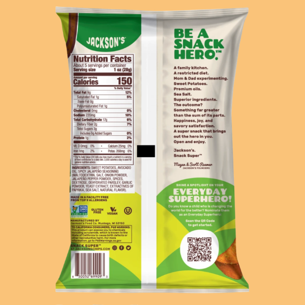 Jackson's Avocado Oil Sweet Potato Chips Spicy Jalapeño snack packaging with nutritional information and branding