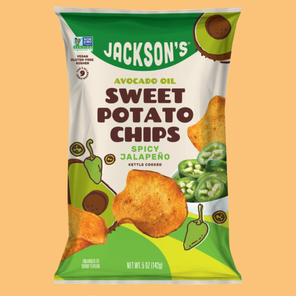 Packaging of Jackson's Avocado Oil Sweet Potato Chips Spicy Jalapeño from front