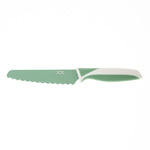 Green knife with white handle on a white background